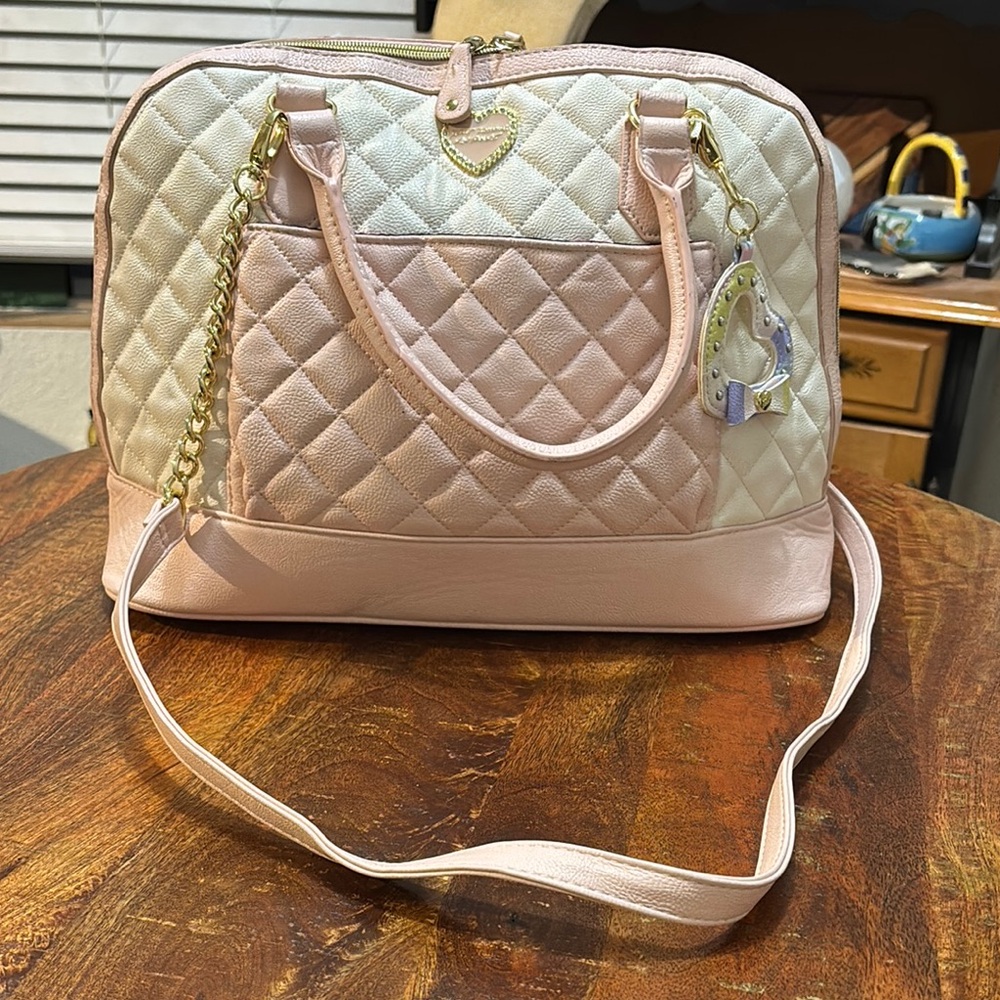 Betsey Johnson Pink & Cream Quilted Heart Bowler Bag